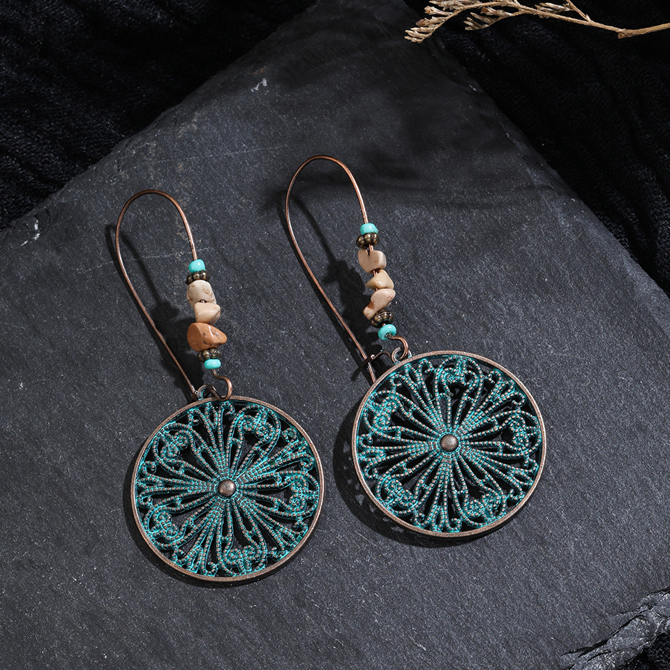 European and American Fashion Hot Selling Accessories Alloy Carved Hollow Flower Earrings Stone Pendant Ear Hook Cross-Border Wholesale