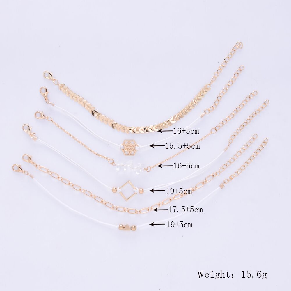 European and American Fashion Cool Women's Alloy Six-Pointed Star Heart Fishbone Chain Bracelet Stone Combination 6-Piece Bracelet