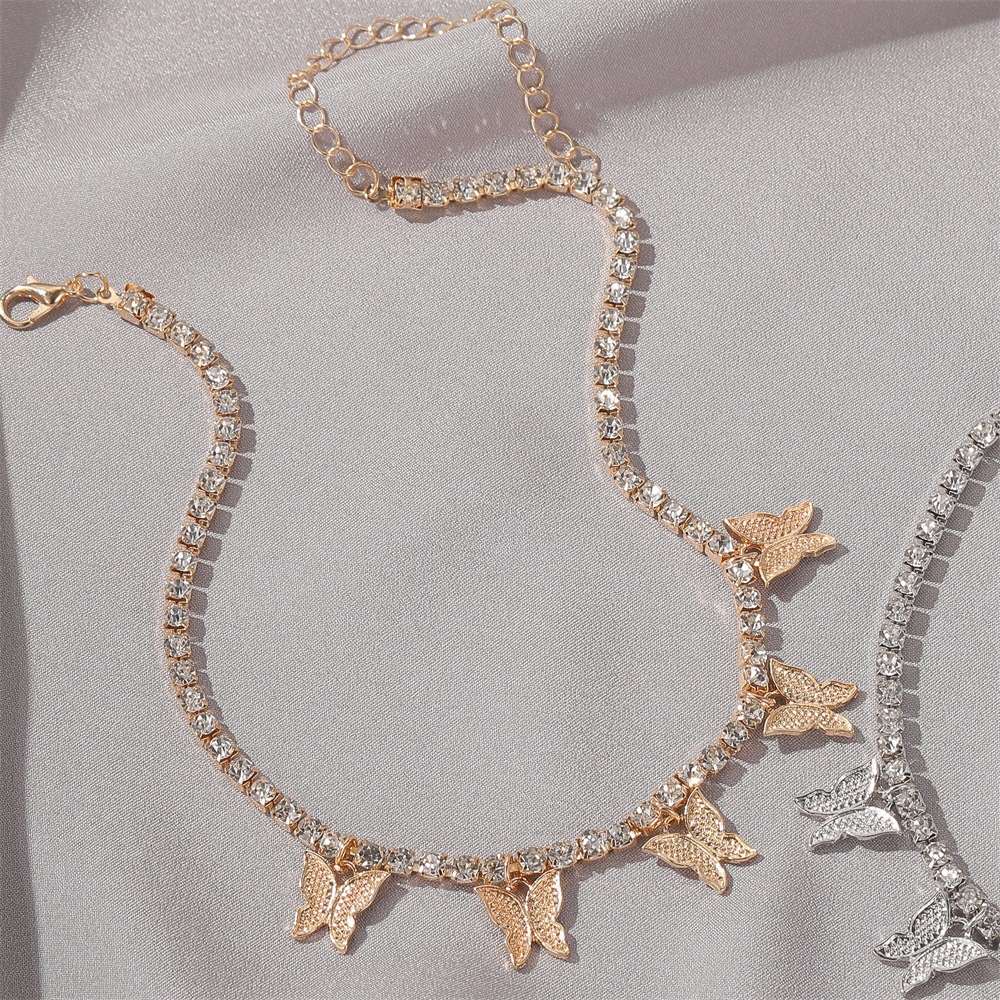 Cuban Butterfly Necklace Europe and America Cross Border Rhinestone Butterfly Pendant Necklace Hip Hop Ear Accessories Tennis Choker