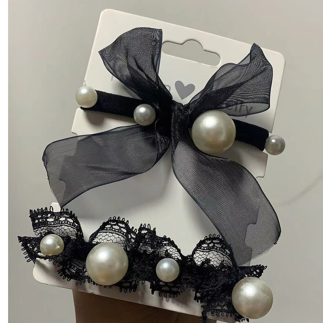 Bow Pearl Ribbon Bracelet Hair Band Korean Style Sweet High Elastic Black Girls Rubber Band Nylon Hair Rope Wholesale