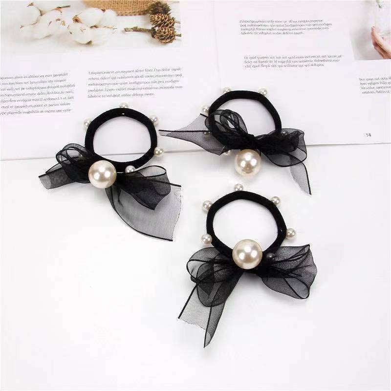 Bow Pearl Ribbon Bracelet Hair Band Korean Style Sweet High Elastic Black Girls Rubber Band Nylon Hair Rope Wholesale