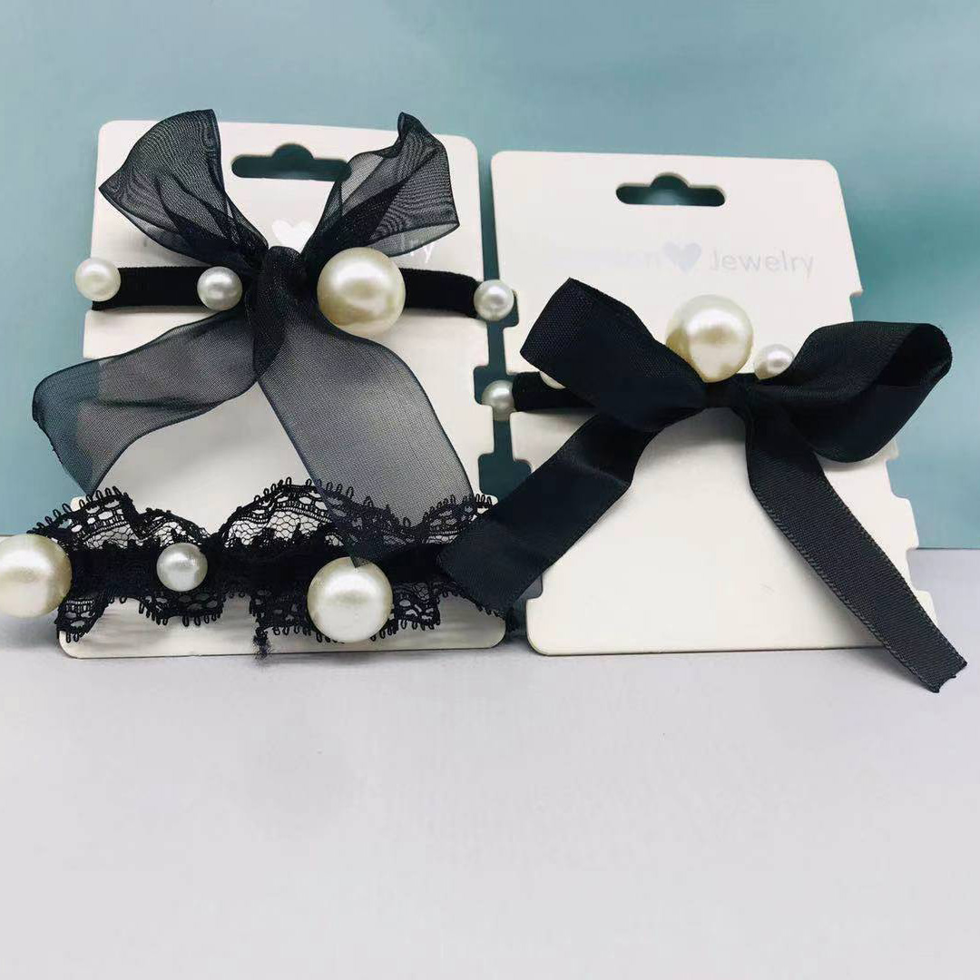 Bow Pearl Ribbon Bracelet Hair Band Korean Style Sweet High Elastic Black Girls Rubber Band Nylon Hair Rope Wholesale