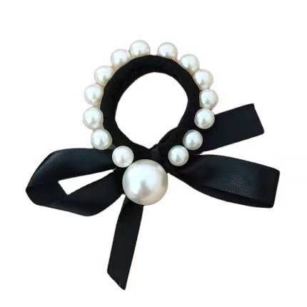 Bow Pearl Ribbon Bracelet Hair Band Korean Style Sweet High Elastic Black Girls Rubber Band Nylon Hair Rope Wholesale