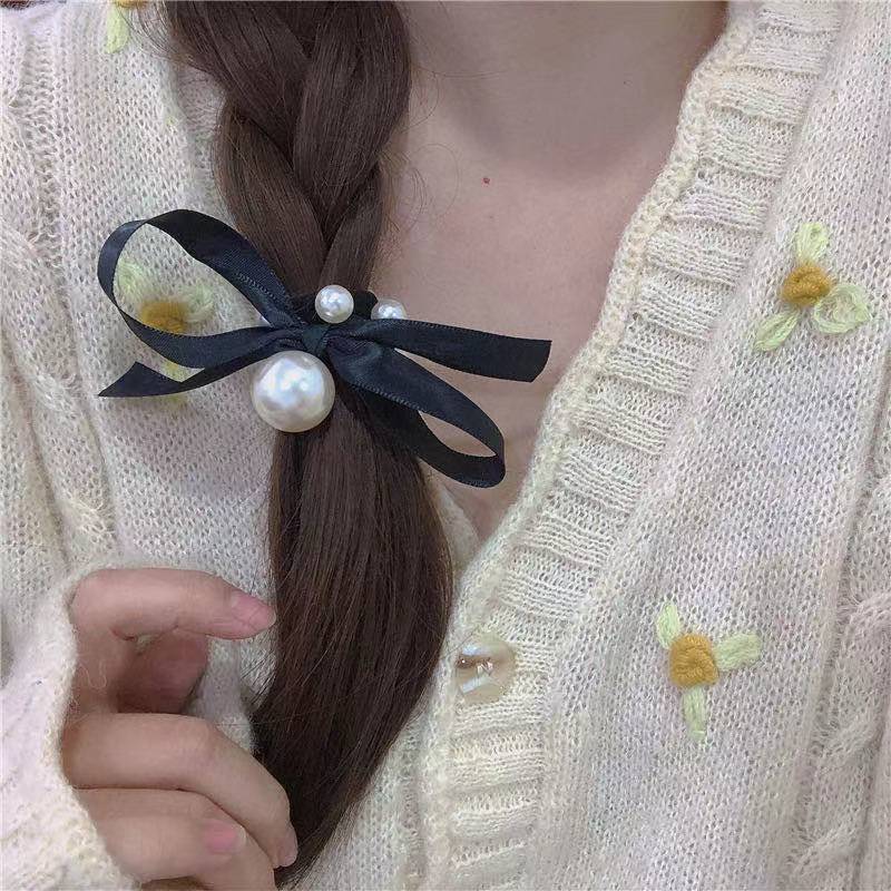 Bow Pearl Ribbon Bracelet Hair Band Korean Style Sweet High Elastic Black Girls Rubber Band Nylon Hair Rope Wholesale Bow Pearl Ribbon Bracelet Hair Band Korean Style Sweet High Elastic Black Girls Rubber Band Nylon Hair Rope Wholesale