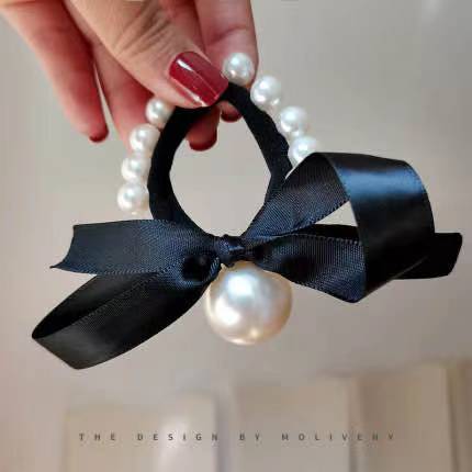 Bow Pearl Ribbon Bracelet Hair Band Korean Style Sweet High Elastic Black Girls Rubber Band Nylon Hair Rope Wholesale Bow Pearl Ribbon Bracelet Hair Band Korean Style Sweet High Elastic Black Girls Rubber Band Nylon Hair Rope Wholesale