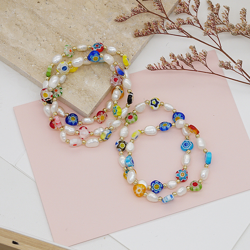 Korean Style Dongdaemun Same Style Flower Glass Freshwater Pearl Bracelet Elastic String Beaded Bracelet Color Bracelet for Women
