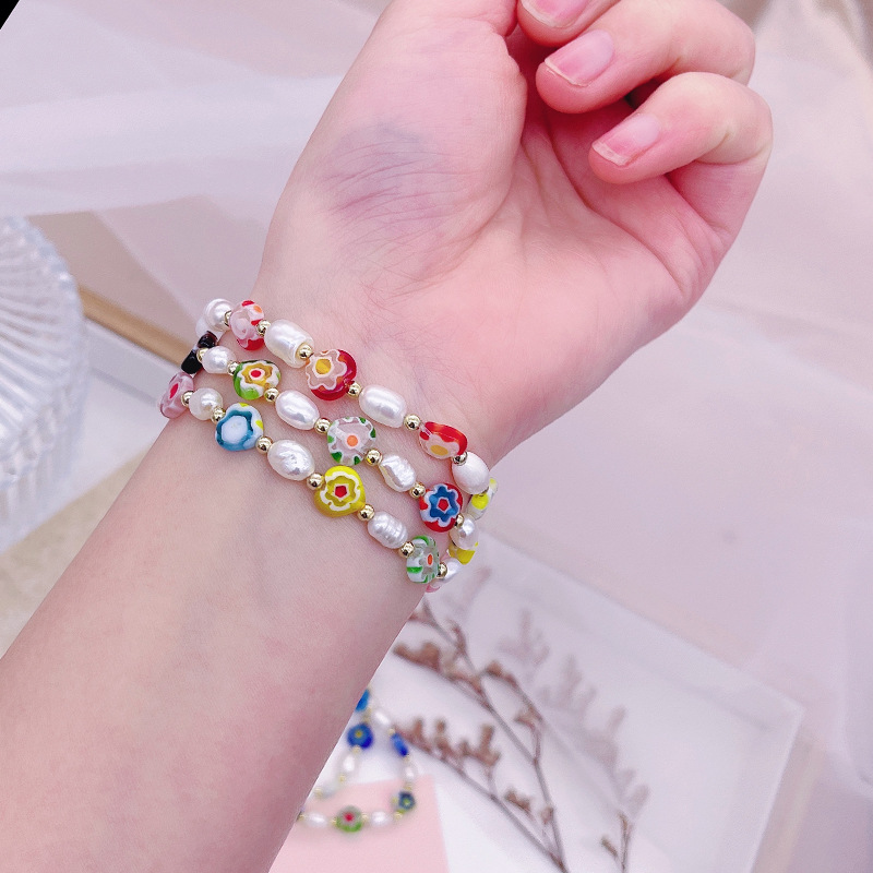 Korean Style Dongdaemun Same Style Flower Glass Freshwater Pearl Bracelet Elastic String Beaded Bracelet Color Bracelet for Women Korean Style Dongdaemun Same Style Flower Glass Freshwater Pearl Bracelet Elastic String Beaded Bracelet Color Bracelet for Women