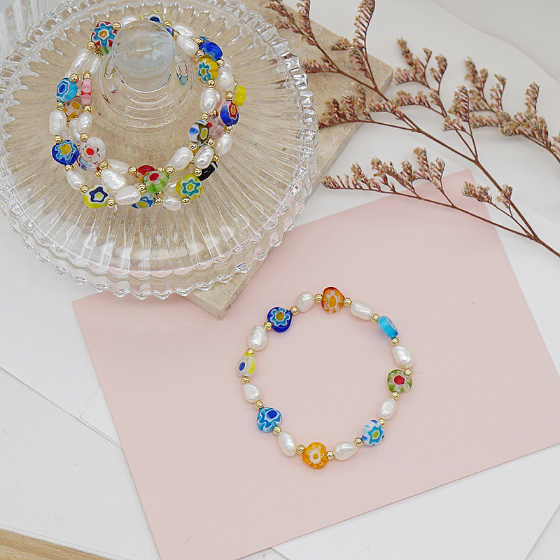 Korean Style Dongdaemun Same Style Flower Glass Freshwater Pearl Bracelet Elastic String Beaded Bracelet Color Bracelet for Women Korean Style Dongdaemun Same Style Flower Glass Freshwater Pearl Bracelet Elastic String Beaded Bracelet Color Bracelet for Women