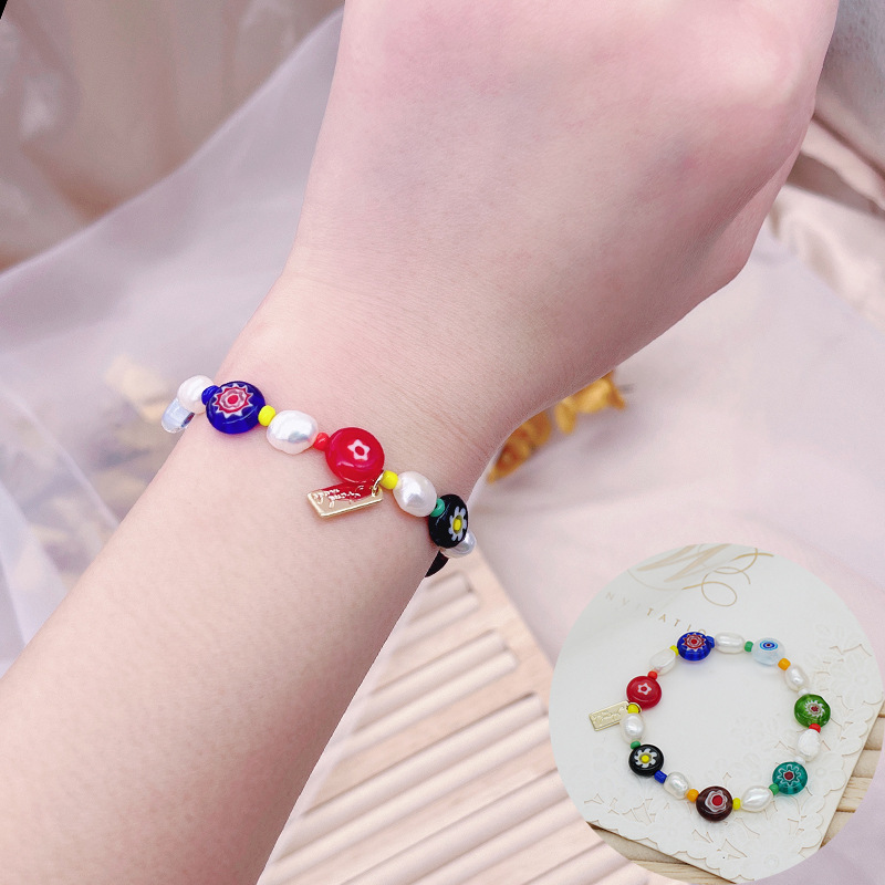 Korean Style Dongdaemun Same Style Flower Glass Freshwater Pearl Bracelet Elastic String Beaded Bracelet Color Bracelet for Women Korean Style Dongdaemun Same Style Flower Glass Freshwater Pearl Bracelet Elastic String Beaded Bracelet Color Bracelet for Women