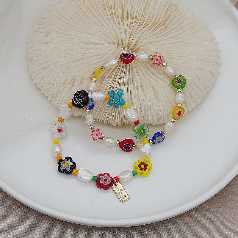 Korean Style Dongdaemun Same Style Flower Glass Freshwater Pearl Bracelet Elastic String Beaded Bracelet Color Bracelet for Women Korean Style Dongdaemun Same Style Flower Glass Freshwater Pearl Bracelet Elastic String Beaded Bracelet Color Bracelet for Women