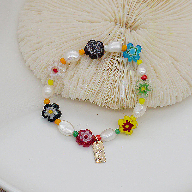 Korean Style Dongdaemun Same Style Flower Glass Freshwater Pearl Bracelet Elastic String Beaded Bracelet Color Bracelet for Women Korean Style Dongdaemun Same Style Flower Glass Freshwater Pearl Bracelet Elastic String Beaded Bracelet Color Bracelet for Women