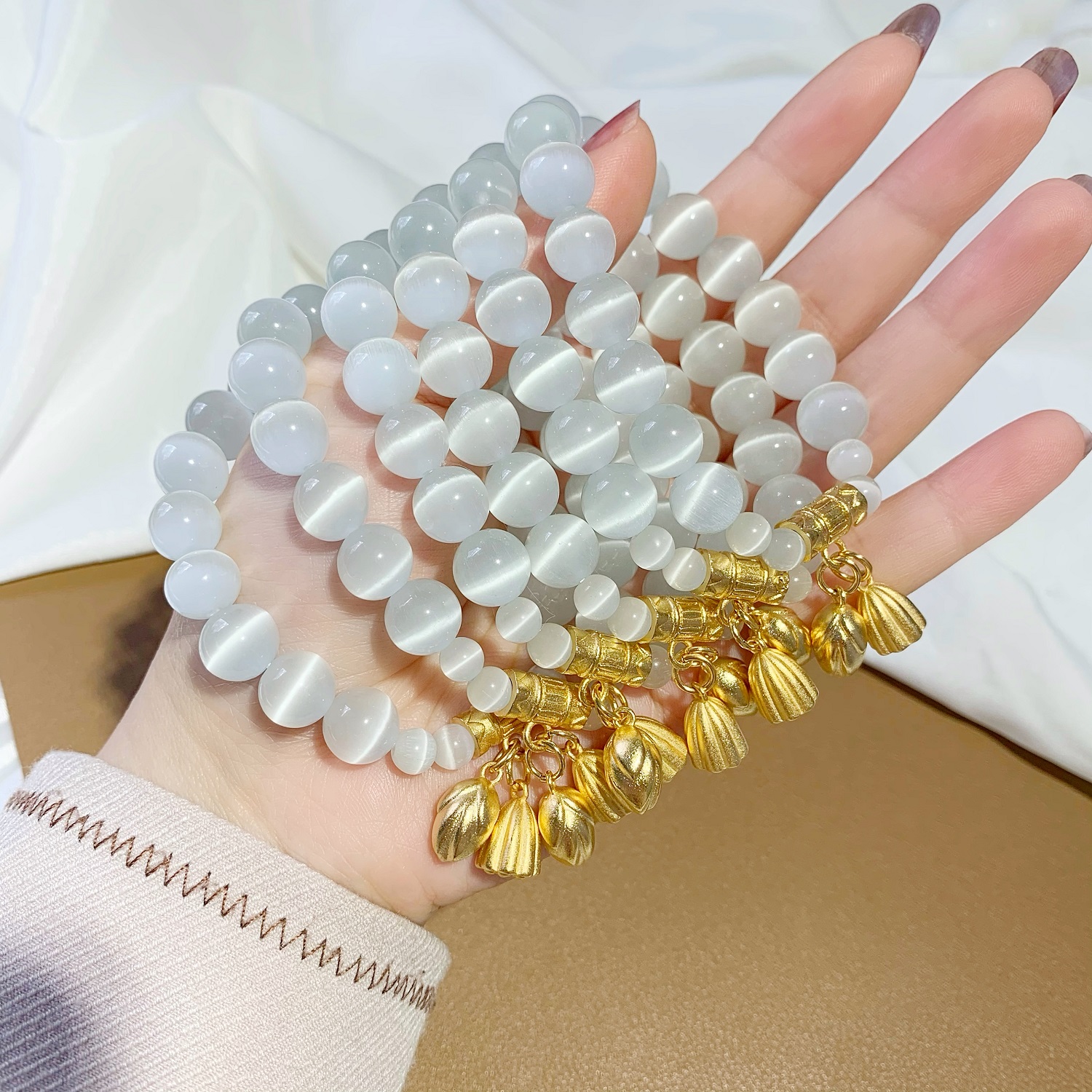Vietnam Placer Gold Lotus Seedpod Lotus Seed Moonstone Liangshihuan Bracelet Female Temperament Opal Beaded Elastic Bracelet