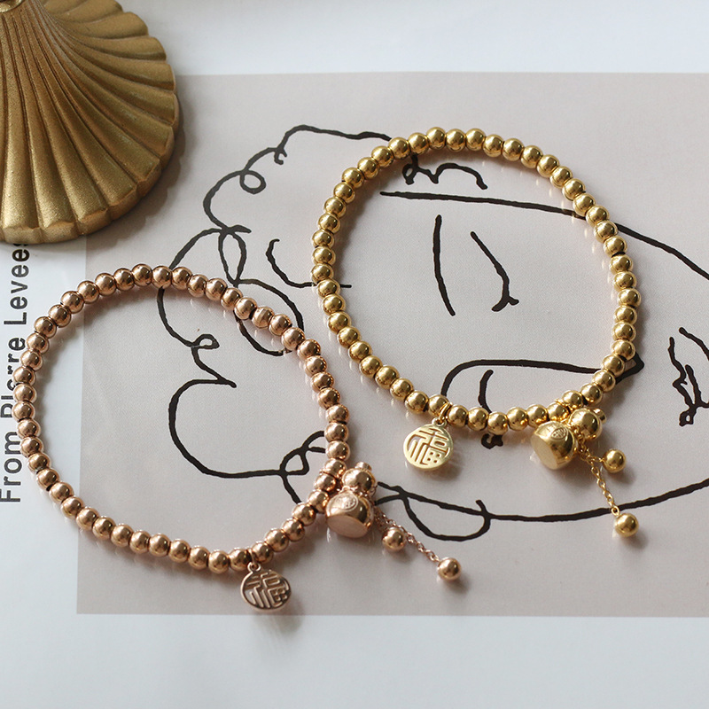 Fu Lu Chinese Style Small Calabash Tassel Small Ball Beads Elastic Bracelet Wrist String Titanium Steel Plated 18K Gold Color Protection for Women Fu Lu Chinese Style Small Calabash Tassel Small Ball Beads Elastic Bracelet Wrist String Titanium Steel Plated 18K Gold Color Protection for Women
