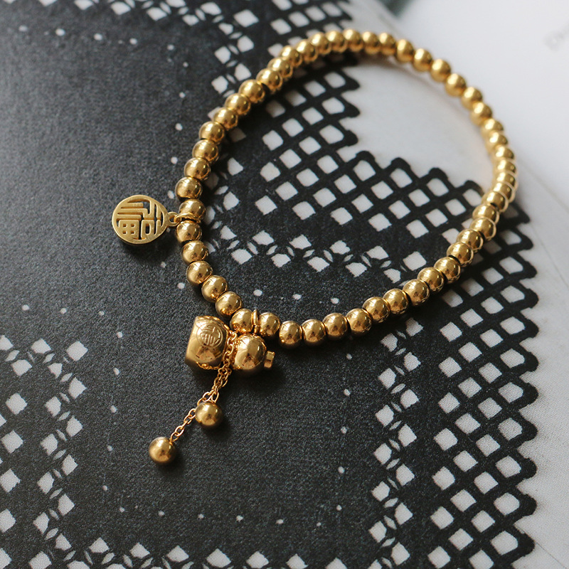 Fu Lu Chinese Style Small Calabash Tassel Small Ball Beads Elastic Bracelet Wrist String Titanium Steel Plated 18K Gold Color Protection for Women Fu Lu Chinese Style Small Calabash Tassel Small Ball Beads Elastic Bracelet Wrist String Titanium Steel Plated 18K Gold Color Protection for Women