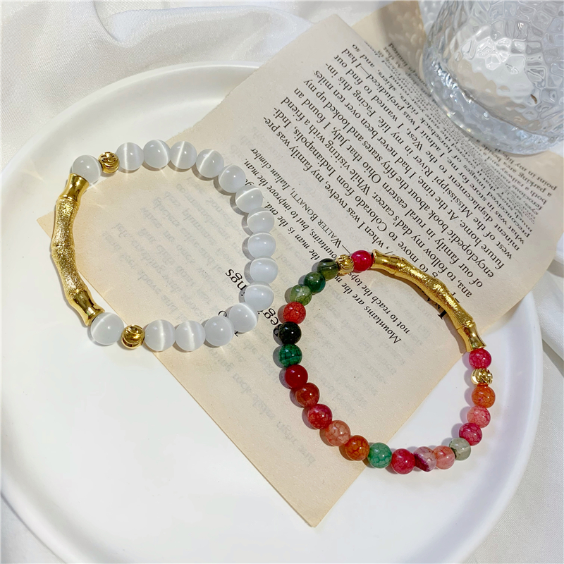 Elastic Beaded Imitation Tourmaline Agate Bracelet Alluvial Gold Bamboo Bracelet No Color Fading Moonstone Crystal Bracelet for Women Elastic Beaded Imitation Tourmaline Agate Bracelet Alluvial Gold Bamboo Bracelet No Color Fading Moonstone Crystal Bracelet for Women