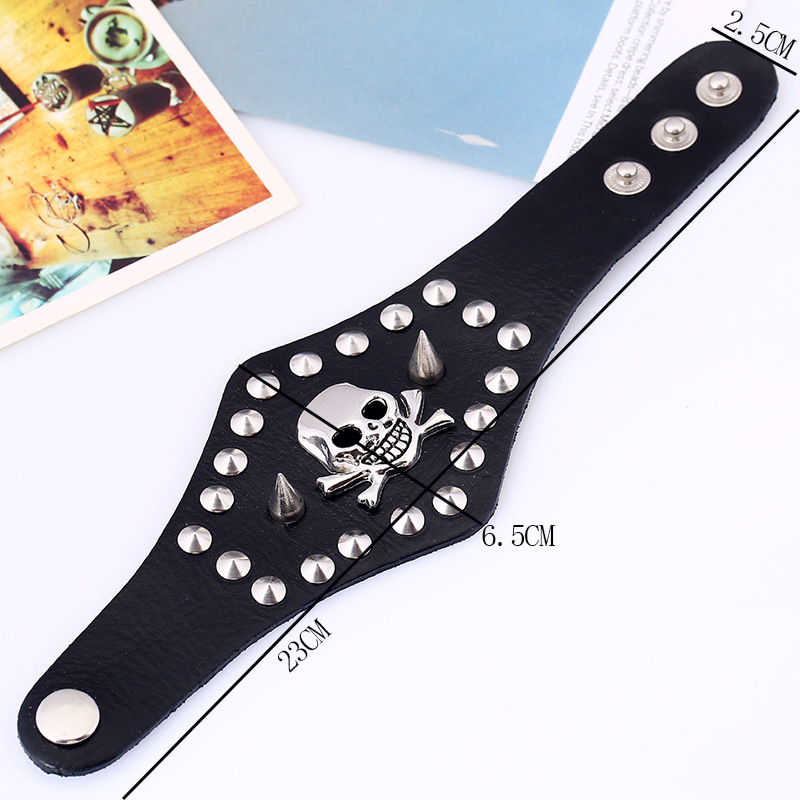 Factory Direct Sales European and American Punk Rivet Skull Cattle Leather Bracelet Bracelet Exaggerated Men&#039;s Wide Leather Leather Bracelet