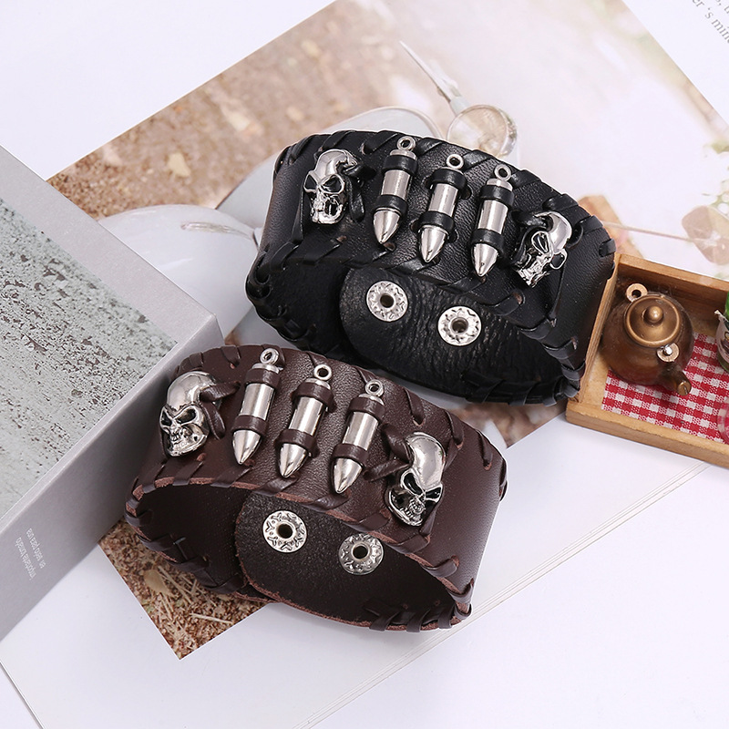 European and American Punk Cattle Leather Bracelet Unique Hipster Motorcycle Ornament Skull Leather Bracelet Cross-Border E-Commerce Supply