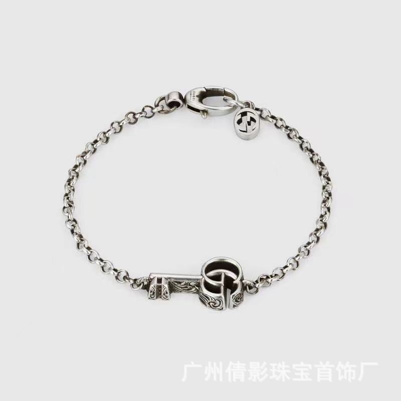 Gujia Double G Carved Bracelet S925 Silver Vintage Distressed Double G Mutual Buckle Bracelet Men and Women Skull Elf
