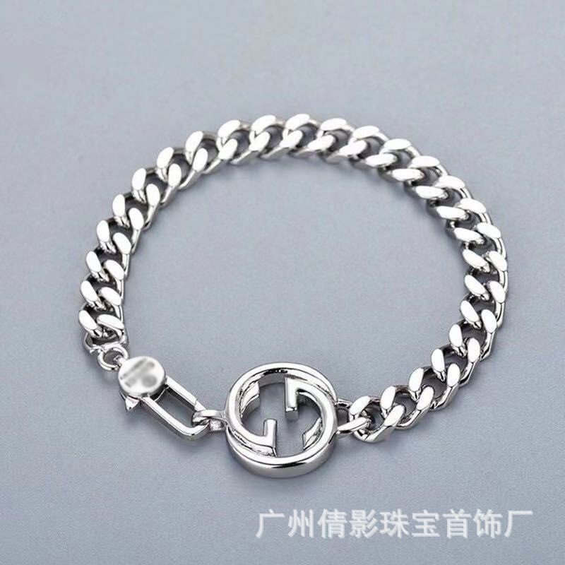 Gujia Double G Carved Bracelet S925 Silver Vintage Distressed Double G Mutual Buckle Bracelet Men and Women Skull Elf