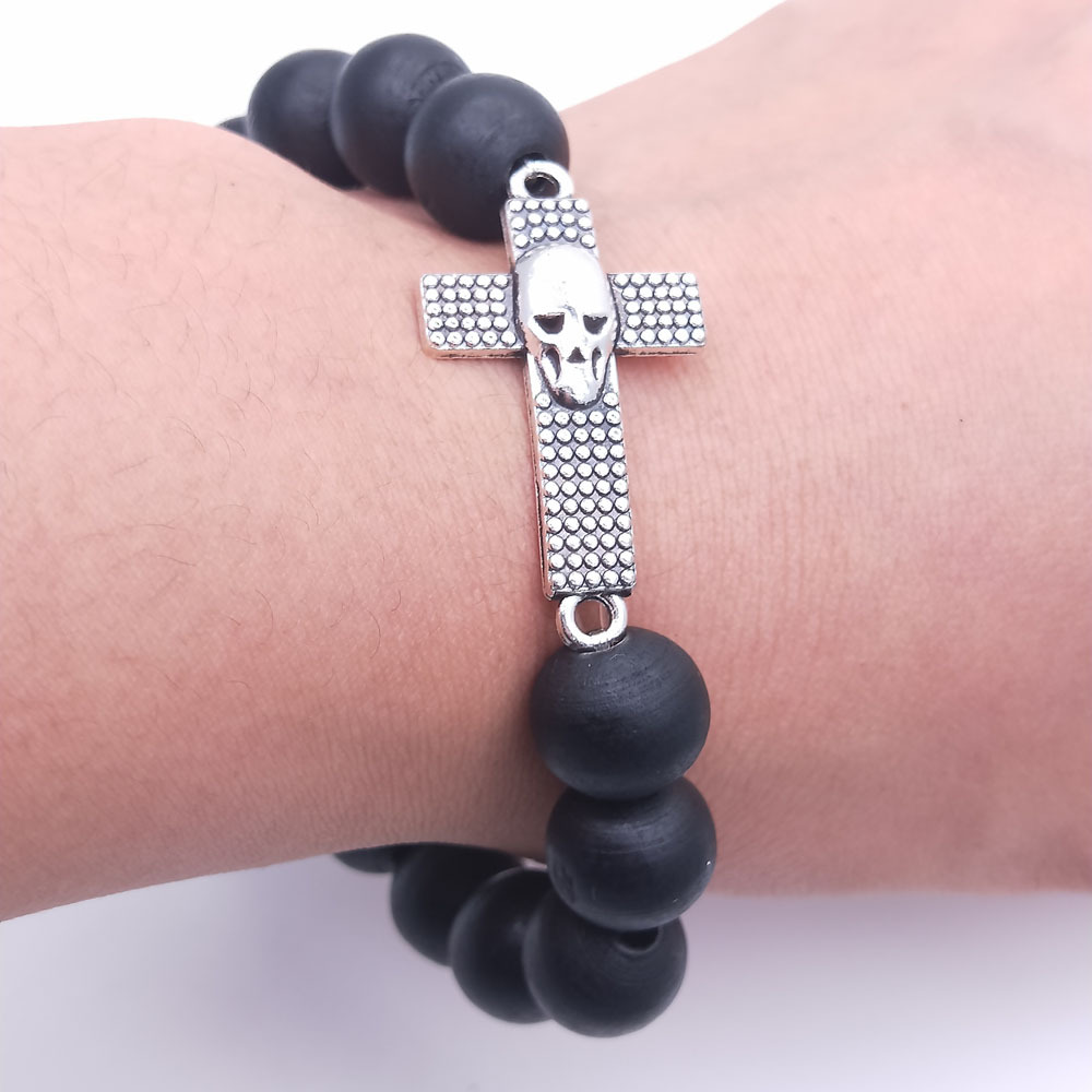 Black wooden bead cross skull bracelet elastic rope bracelet for men Black wooden bead cross skull bracelet elastic rope bracelet for men