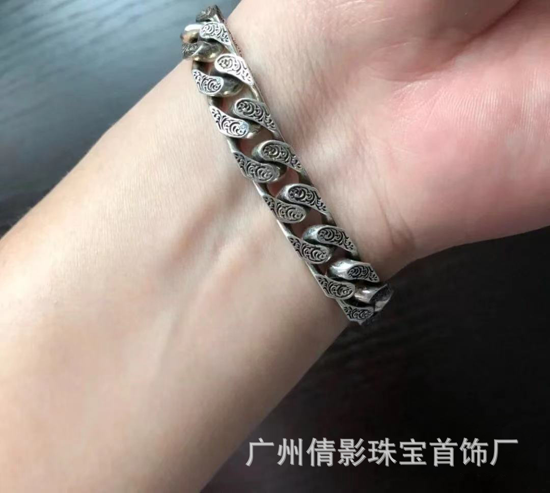 Gujia Double G Carved Bracelet S925 Silver Vintage Distressed Double G Mutual Buckle Bracelet Men and Women Skull Elf