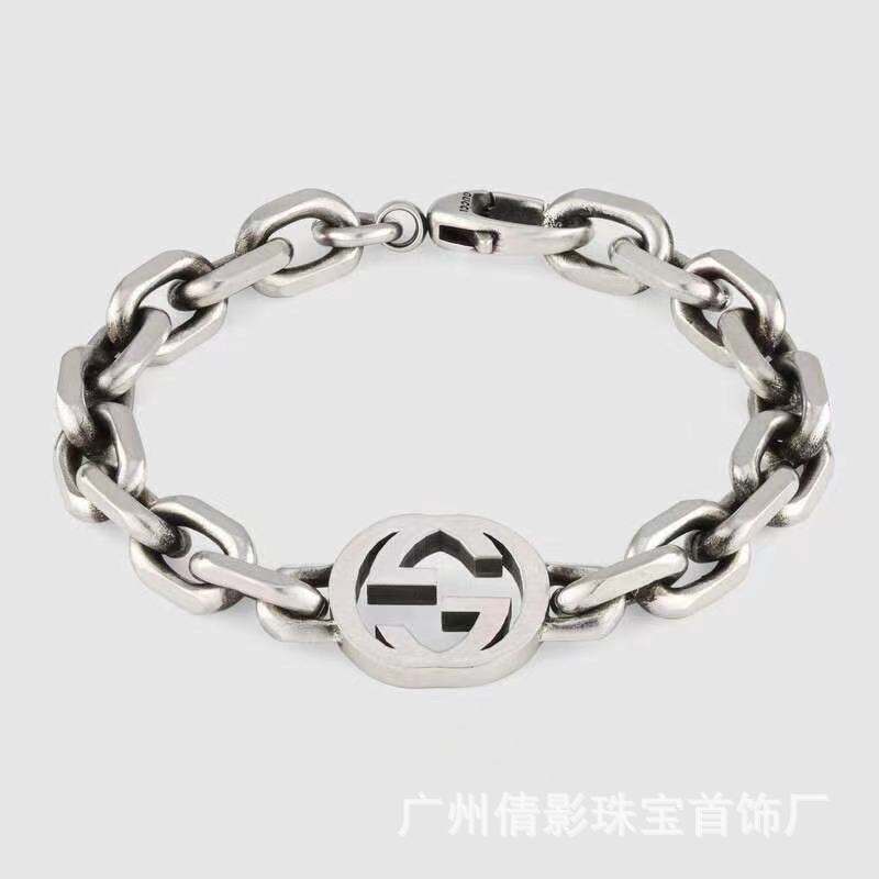 Gujia Double G Carved Bracelet S925 Silver Vintage Distressed Double G Mutual Buckle Bracelet Men and Women Skull Elf Gujia Double G Carved Bracelet S925 Silver Vintage Distressed Double G Mutual Buckle Bracelet Men and Women Skull Elf
