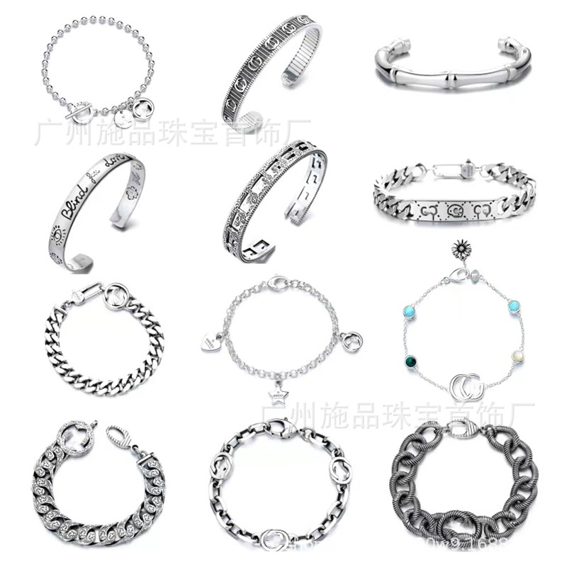 Gujia S925 Silver Bracelet Vintage Distressed Men and Women Couple Double G Skull Elf Bracelet Pattern Carved Bracelet Gujia S925 Silver Bracelet Vintage Distressed Men and Women Couple Double G Skull Elf Bracelet Pattern Carved Bracelet