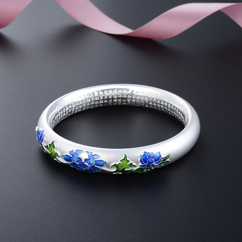 Pure Silver S999 Sterling Silver Bracelet Bracelet Ethnic Style Cloisonne Heart Sutra Argent Pur Frosted Bracelet Mother Long