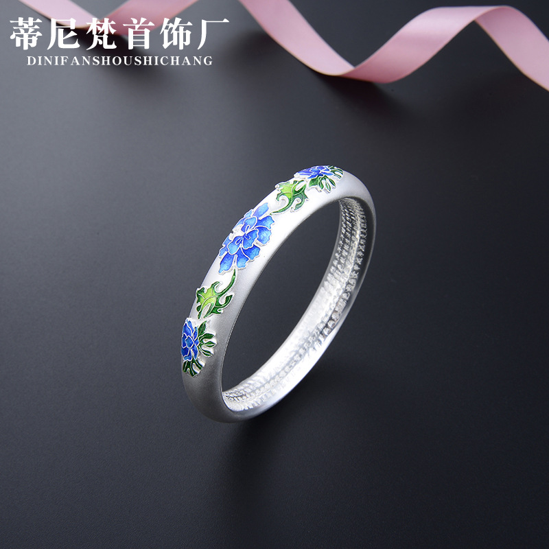Pure Silver S999 Sterling Silver Bracelet Bracelet Ethnic Style Cloisonne Heart Sutra Argent Pur Frosted Bracelet Mother Long