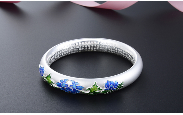 Pure Silver S999 Sterling Silver Bracelet Bracelet Ethnic Style Cloisonne Heart Sutra Argent Pur Frosted Bracelet Mother Long