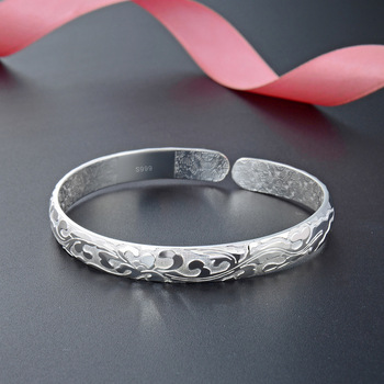 Pure Silver S999 Sterling Silver Bracelet Bracelet Ethnic Style Cloisonne Heart Sutra Argent Pur Frosted Bracelet Mother Long