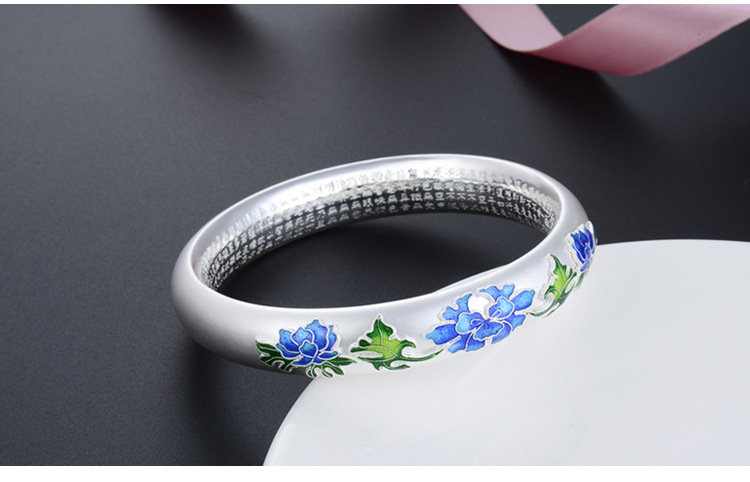 Pure Silver S999 Sterling Silver Bracelet Bracelet Ethnic Style Cloisonne Heart Sutra Argent Pur Frosted Bracelet Mother Long