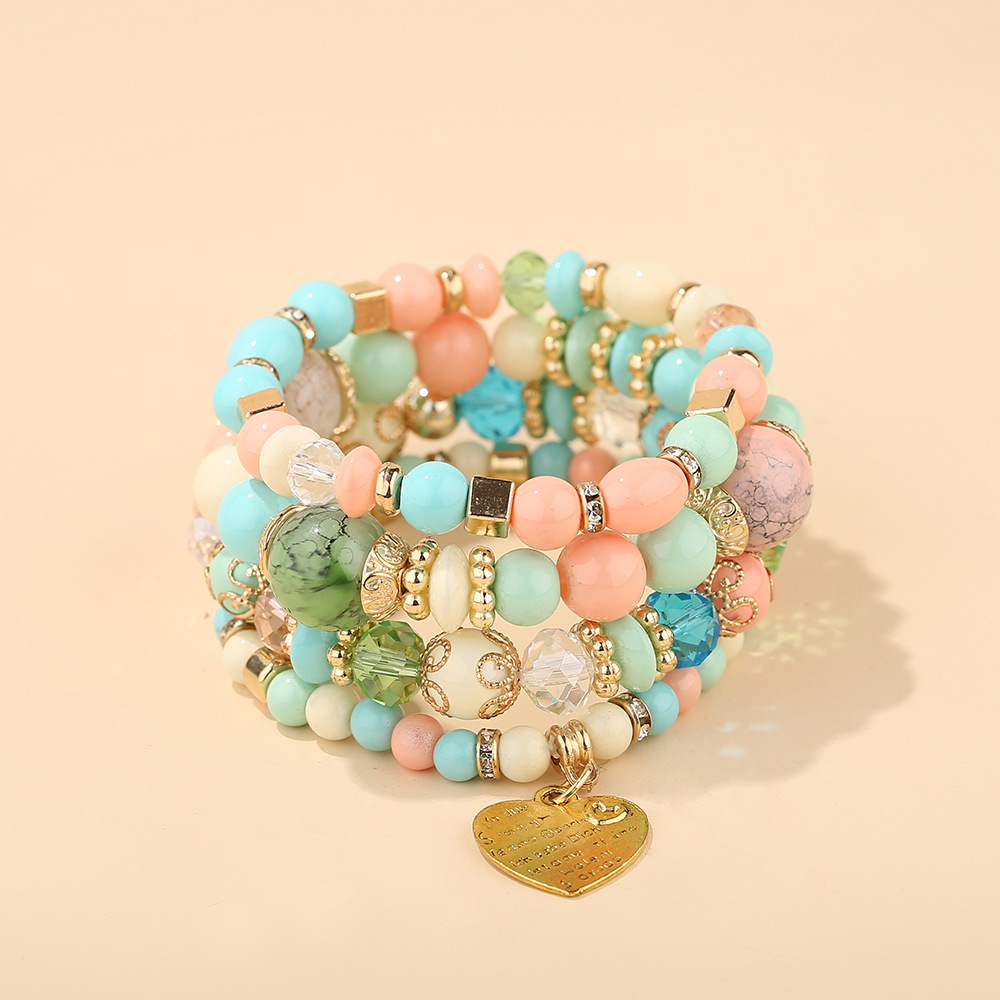 European and American Fashion Bohemian Ethnic Style Multi-Layer Bracelet Crystal Peach Heart Beaded Ladies Hand Jewelry Wholesale