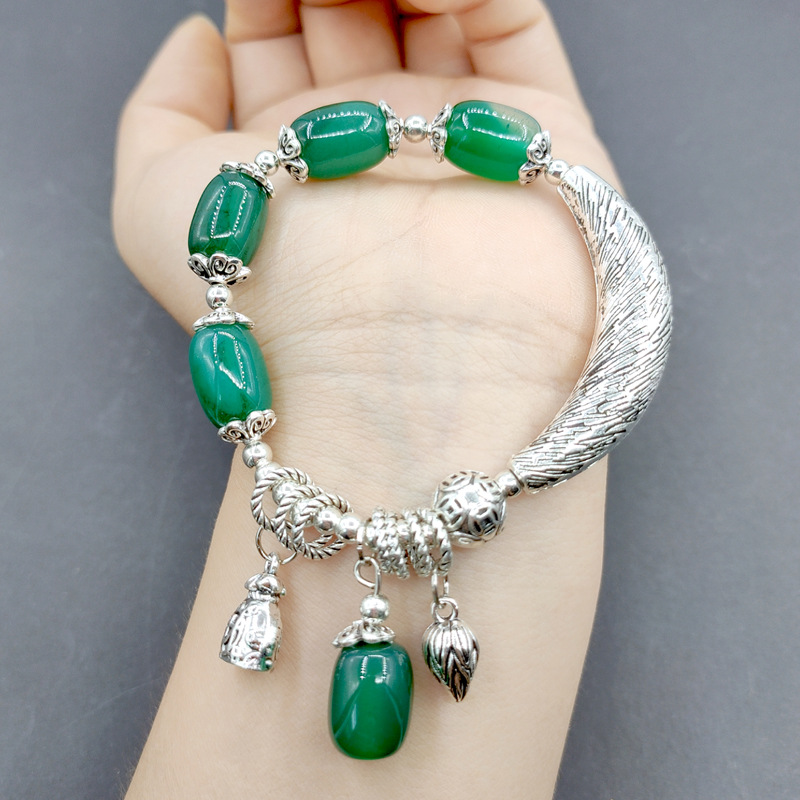 Tiktok Fast Hand Delivery Fashion Miao Silver Agate Crystal Bracelet Ethnic Style Matte Silver Scenic Spot Purse Lotus Ornament