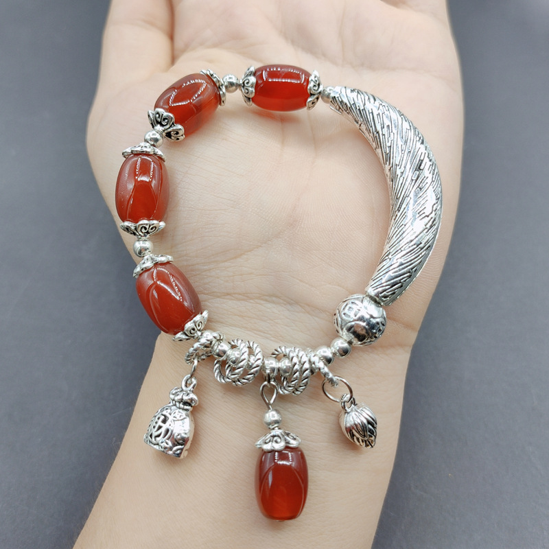 Tiktok Fast Hand Delivery Fashion Miao Silver Agate Crystal Bracelet Ethnic Style Matte Silver Scenic Spot Purse Lotus Ornament Tiktok Fast Hand Delivery Fashion Miao Silver Agate Crystal Bracelet Ethnic Style Matte Silver Scenic Spot Purse Lotus Ornament