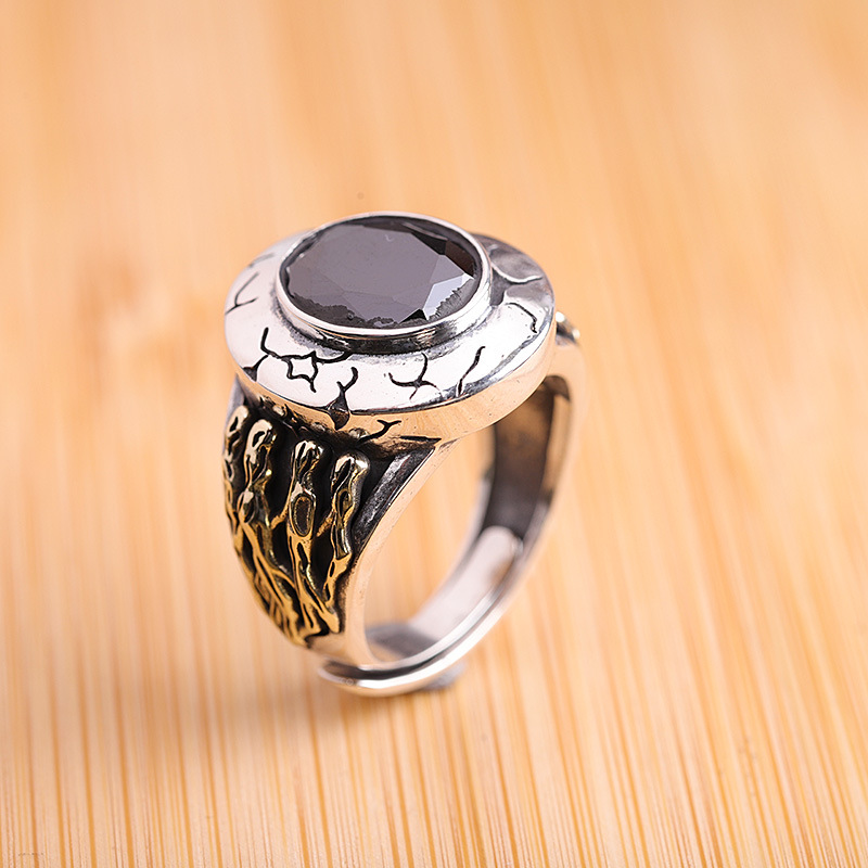 YY Silver Manufacturers Direct Sales S925 Silver Accessories Bracelet Black Agate Personality Retro Men&#039;s Ring