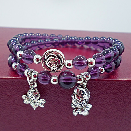 Crystal Bracelet Amethyst Black Agate Cute Kitten Painting Oil Leaves Multi-Layer Bracelet Hand Jewelry