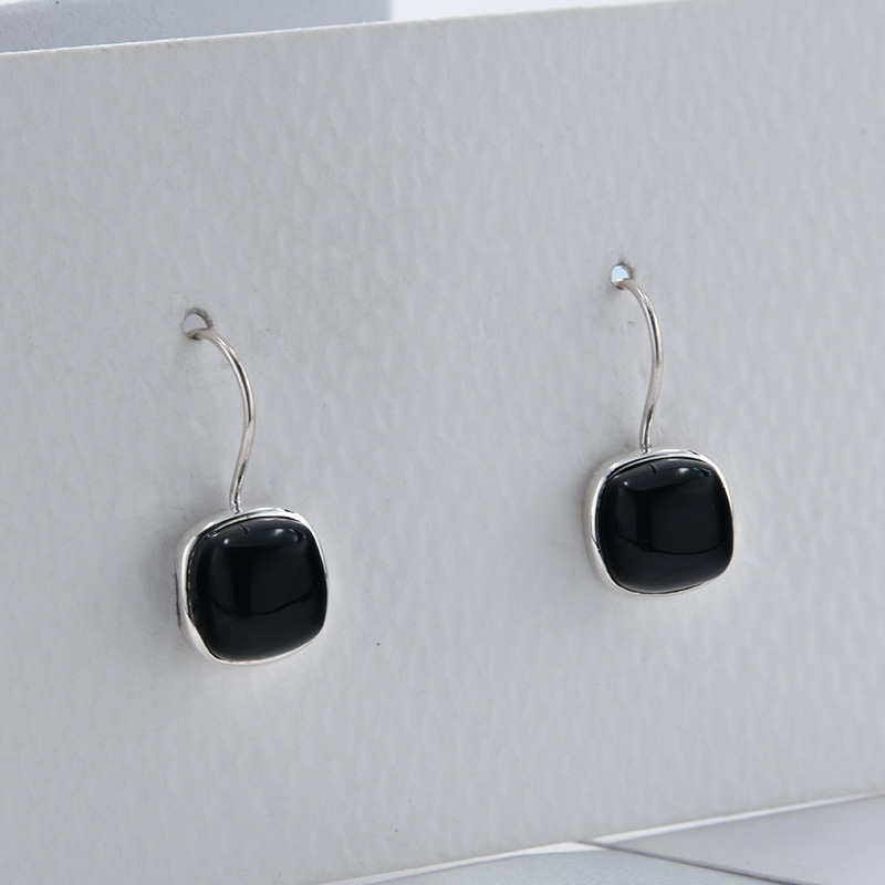 New S925 Silver Black Agate Square Stud Earrings for Women Simple Ethnic Style All-Match Fashion Earrings Eardrops Ear-Caring