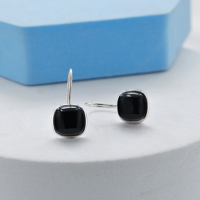 New S925 Silver Black Agate Square Stud Earrings for Women Simple Ethnic Style All-Match Fashion Earrings Eardrops Ear-Caring New S925 Silver Black Agate Square Stud Earrings for Women Simple Ethnic Style All-Match Fashion Earrings Eardrops Ear-Caring