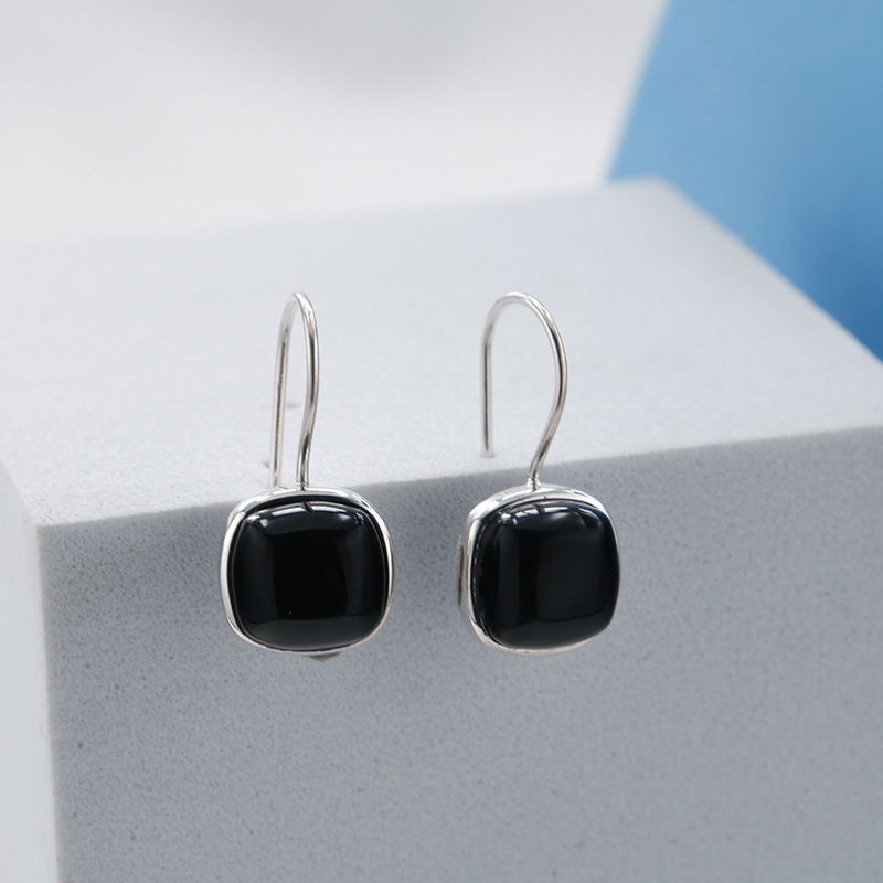New S925 Silver Black Agate Square Stud Earrings for Women Simple Ethnic Style All-Match Fashion Earrings Eardrops Ear-Caring New S925 Silver Black Agate Square Stud Earrings for Women Simple Ethnic Style All-Match Fashion Earrings Eardrops Ear-Caring