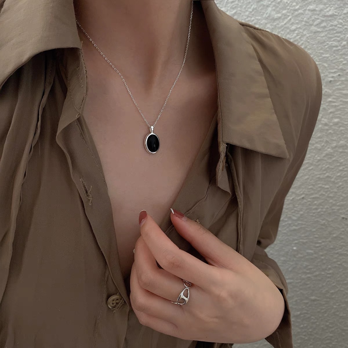 Korean Style S925 Sterling Silver Black Agate Pendant Necklace Women&#039;s Summer Light Luxury Minority Clavicle Advanced Design Simple All-Match