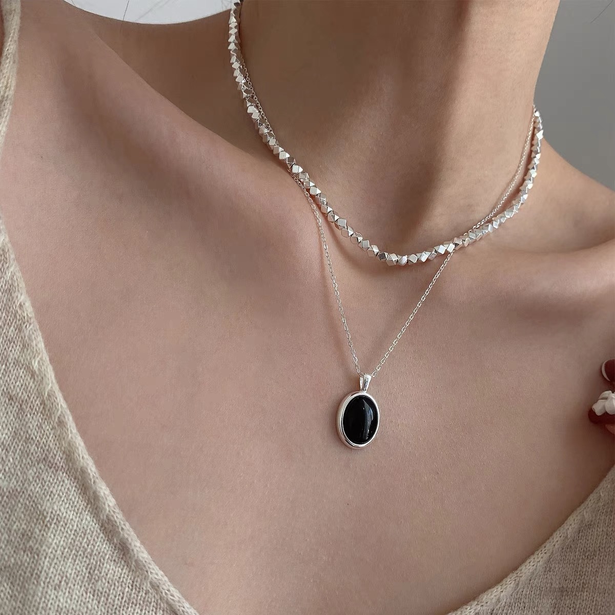 Korean Style S925 Sterling Silver Black Agate Pendant Necklace Women&#039;s Summer Light Luxury Minority Clavicle Advanced Design Simple All-Match