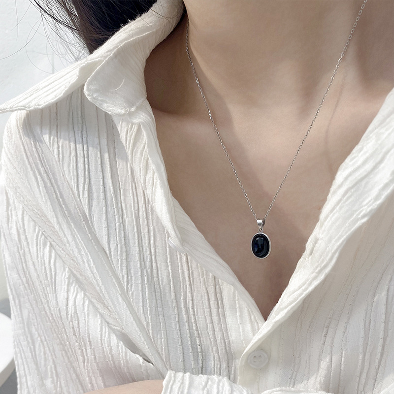 Korean Style S925 Sterling Silver Black Agate Pendant Necklace Women&#039;s Summer Light Luxury Minority Clavicle Advanced Design Simple All-Match