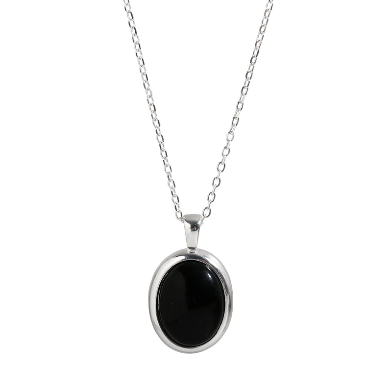 Korean Style S925 Sterling Silver Black Agate Pendant Necklace Women&#039;s Summer Light Luxury Minority Clavicle Advanced Design Simple All-Match