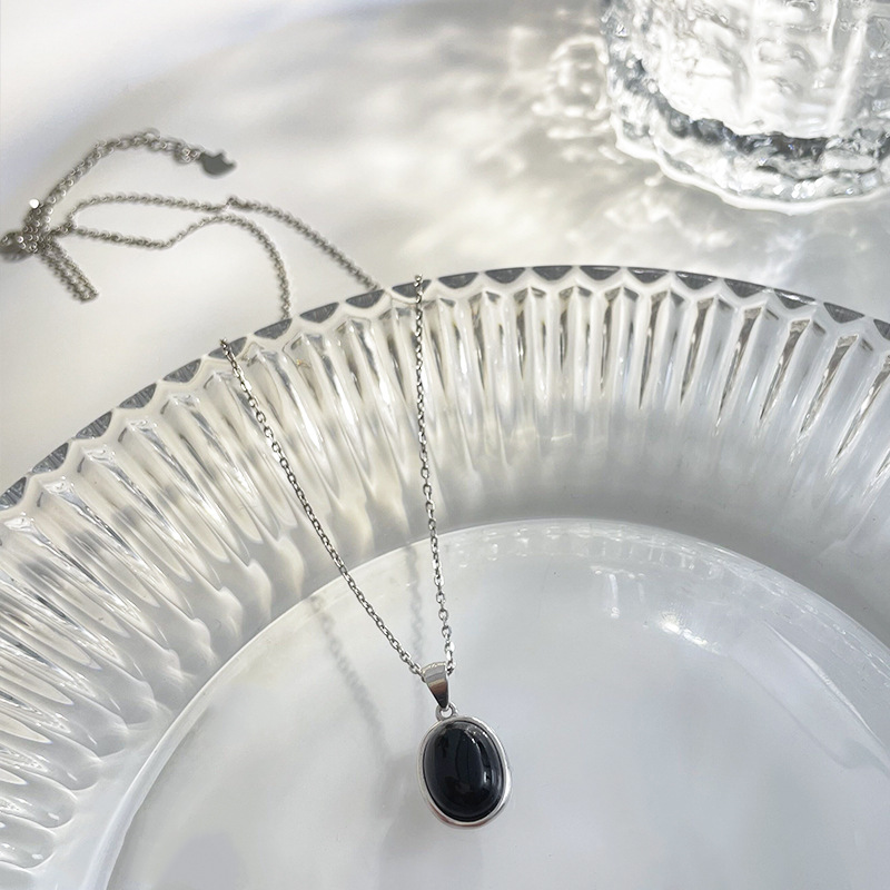 Korean Style S925 Sterling Silver Black Agate Pendant Necklace Women&#039;s Summer Light Luxury Minority Clavicle Advanced Design Simple All-Match