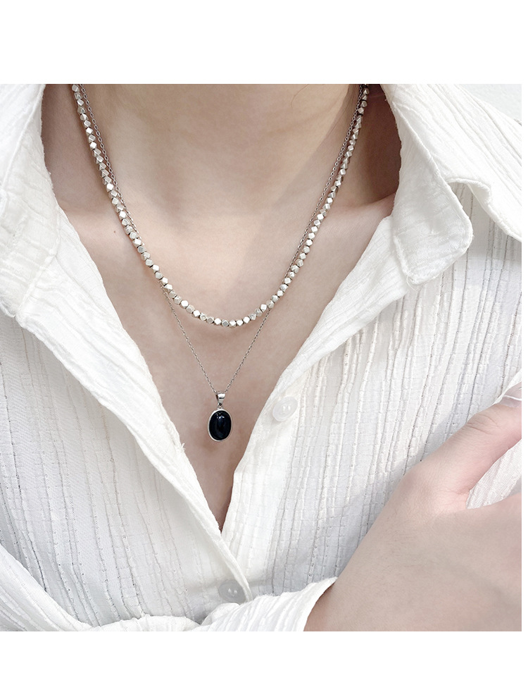 Korean Style S925 Sterling Silver Black Agate Pendant Necklace Women's Summer Light Luxury Minority Clavicle Advanced Design Simple All-Match Korean Style S925 Sterling Silver Black Agate Pendant Necklace Women's Summer Light Luxury Minority Clavicle Advanced Design Simple All-Match