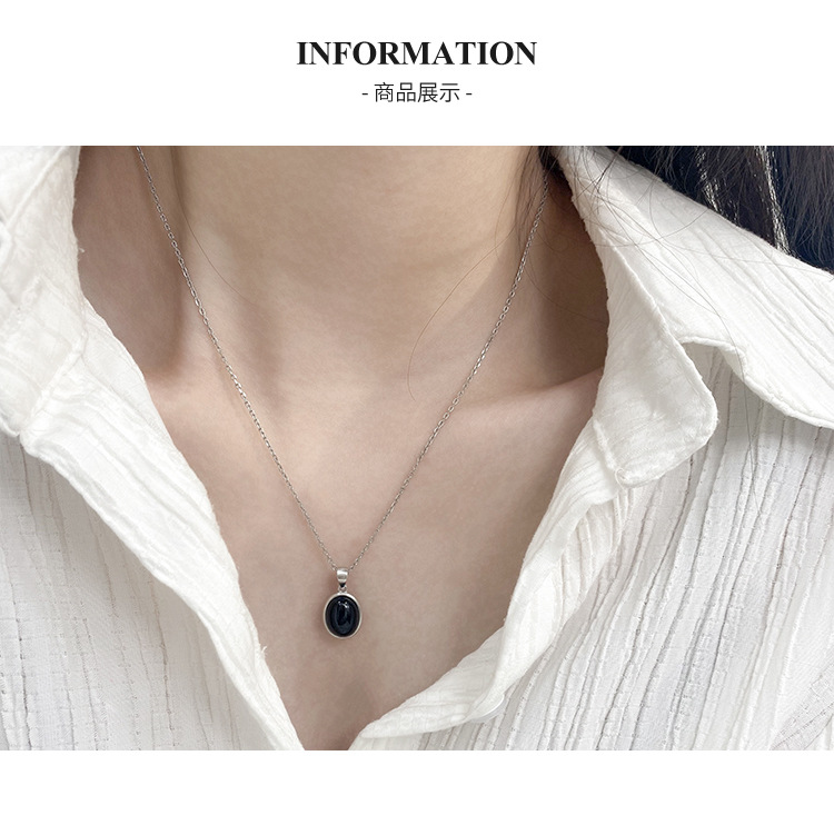 Korean Style S925 Sterling Silver Black Agate Pendant Necklace Women's Summer Light Luxury Minority Clavicle Advanced Design Simple All-Match Korean Style S925 Sterling Silver Black Agate Pendant Necklace Women's Summer Light Luxury Minority Clavicle Advanced Design Simple All-Match