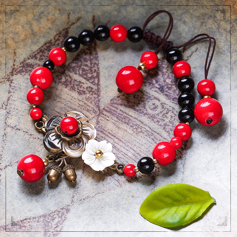 Bells of Ireland Ethnic Style Vintage Bracelet Female Redstone Black Agate Super Fairy Bracelet Bracelet Graceful Mori All-Matching Accessories