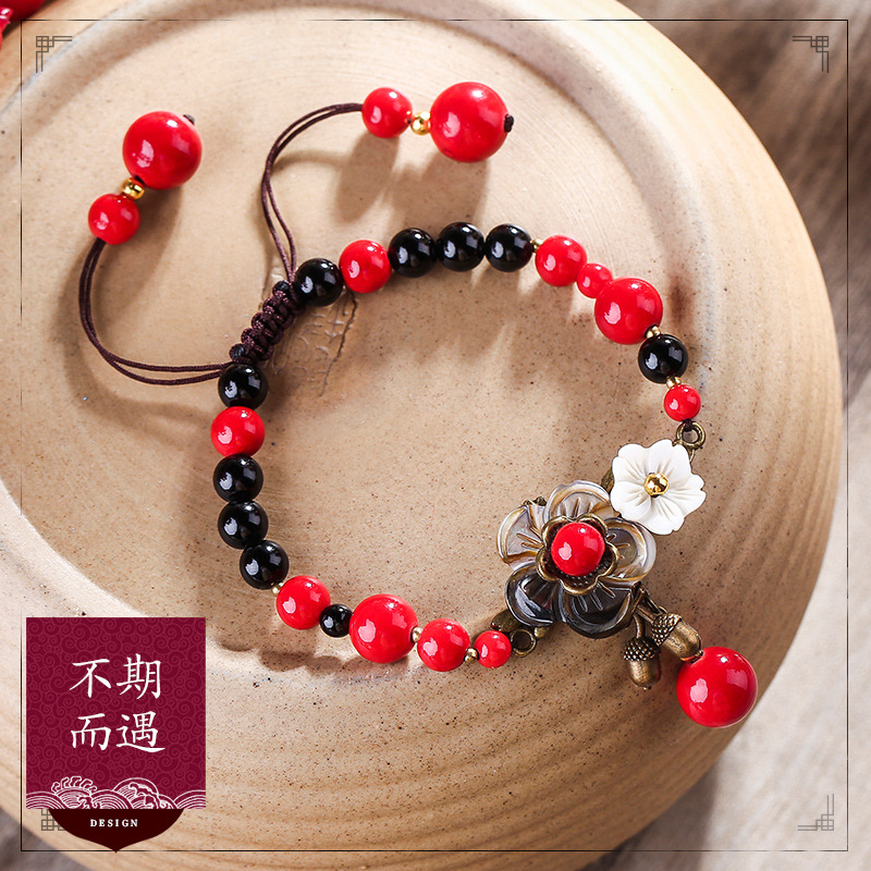 Bells of Ireland Ethnic Style Vintage Bracelet Female Redstone Black Agate Super Fairy Bracelet Bracelet Graceful Mori All-Matching Accessories
