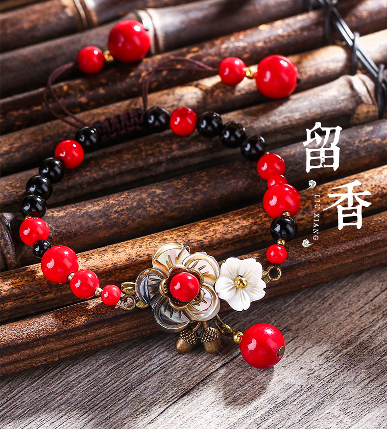 Bells of Ireland Ethnic Style Vintage Bracelet Female Redstone Black Agate Super Fairy Bracelet Bracelet Graceful Mori All-Matching Accessories